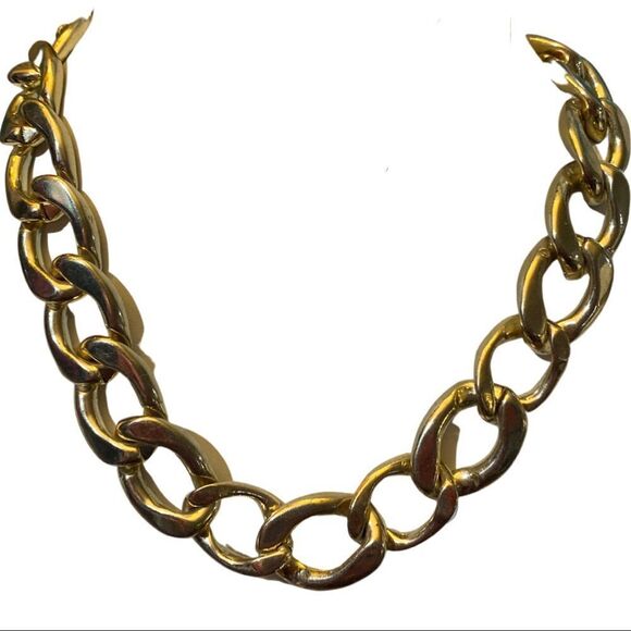 Vintage Chunky Heavy Gold Link Chain Choker Necklace with Pave Diamond Accents - Picture 4 of 5